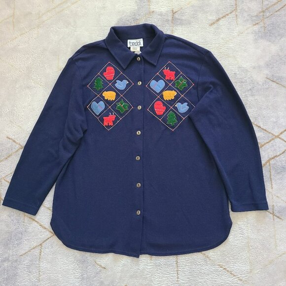 Vtg 80s Teddi Folk Art Appliqué Graphic Cardigan Women’s L Holiday Reindeer - Picture 5 of 11
